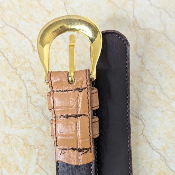 Vintage Lemie Genuine Leather Tan Embossed Gator Italian Belt Gold Tone Buckle main image 4